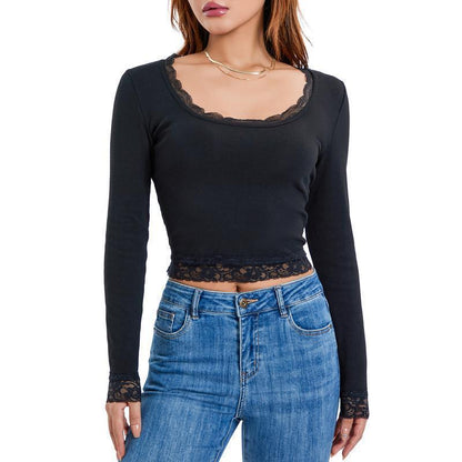 Womens Long Sleeve Lace Trim T-shirt