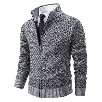 Autumn and Winter Velvet Thickeneded Casual Cardigan Sweater Men's Stand-Up Collar Outer Hooded Zipper Knitted Sweater Jacket