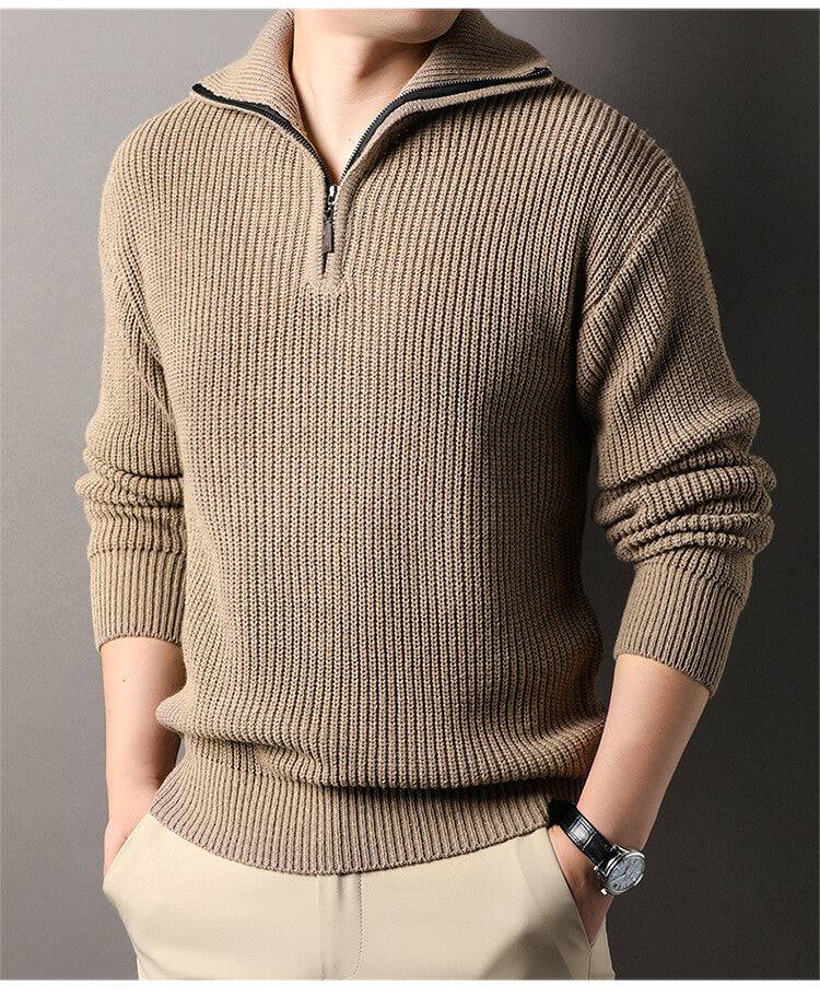 Men's Solid Color Long-Sleeve Turn-Down Collar Knitted Sweater