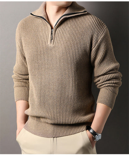 Men's Solid Color Long-Sleeve Turn-Down Collar Knitted Sweater