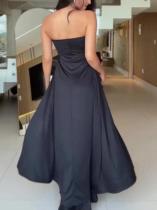 Zwarte lange tubetop en wijde broek set