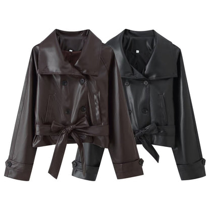 Retro Two-Tone Double-Breasted Leather Jacket with Tie Detail