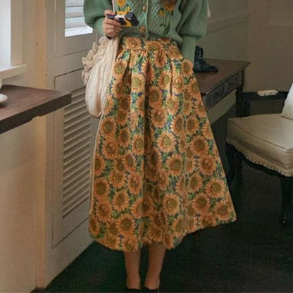 Gebloemde retro jacquard vest en hoge taille midi-rok/ of als set