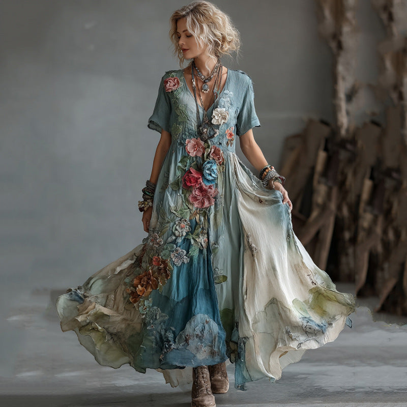 Creatieve dames boho-jurk met borduurwerk en print