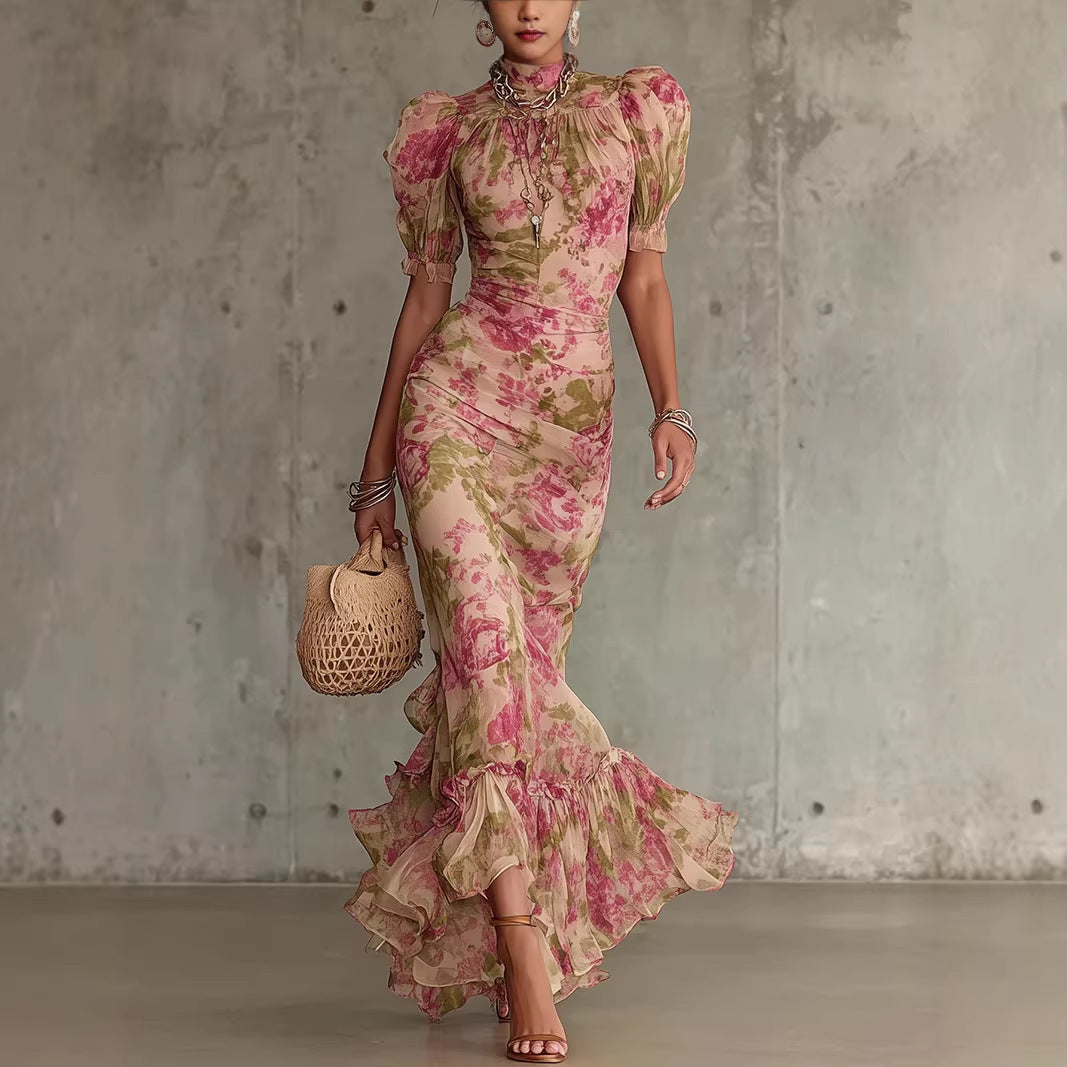 French Floral Puff Sleeve Slim Fit Long Dress