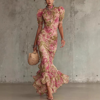 French Floral Puff Sleeve Slim Fit Long Dress