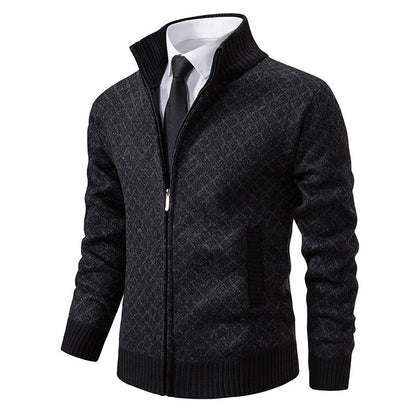 Autumn and Winter Velvet Thickeneded Casual Cardigan Sweater Men's Stand-Up Collar Outer Hooded Zipper Knitted Sweater Jacket