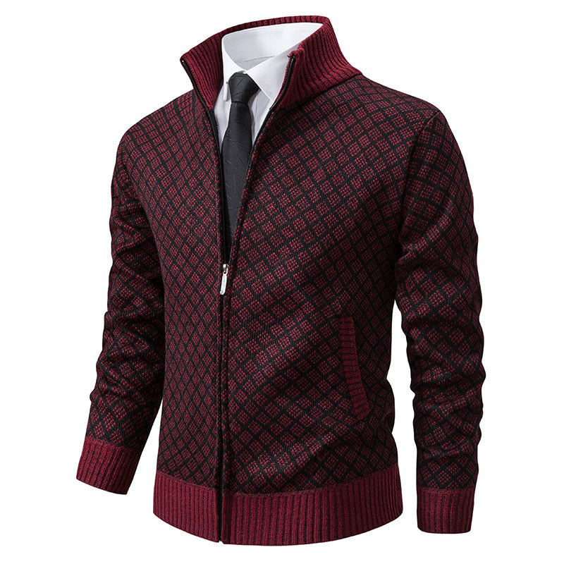 Autumn and Winter Velvet Thickeneded Casual Cardigan Sweater Men's Stand-Up Collar Outer Hooded Zipper Knitted Sweater Jacket