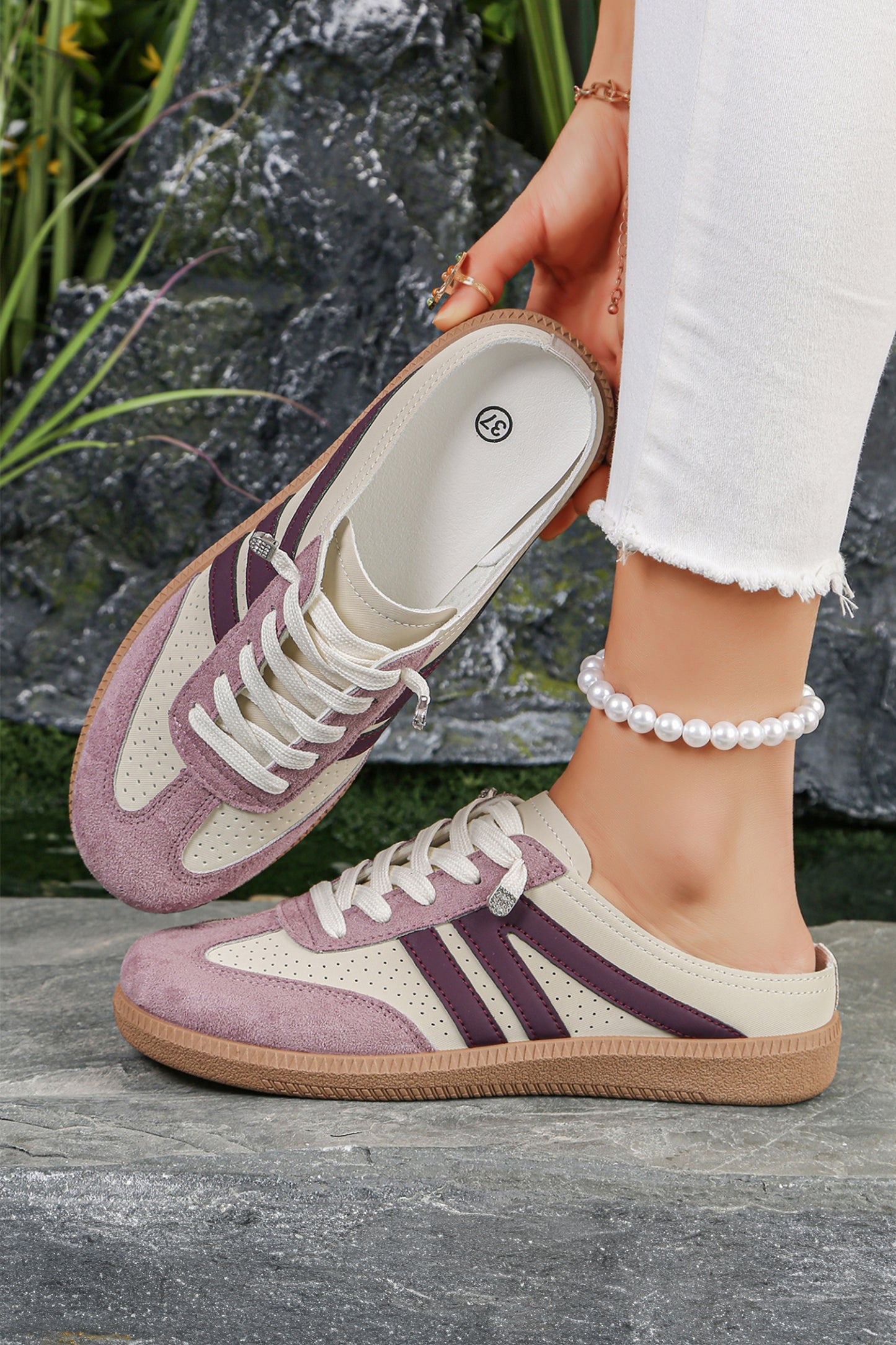 Retro mule sneakers met oogjes van PU-leer en patchwork