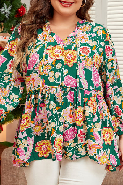 Groene babydoll met bloemenprint en V-hals plus size
