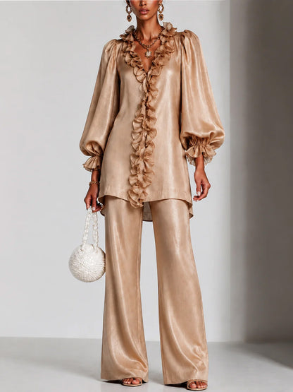 long-sleeve lace V-neck solid color women's clothing
