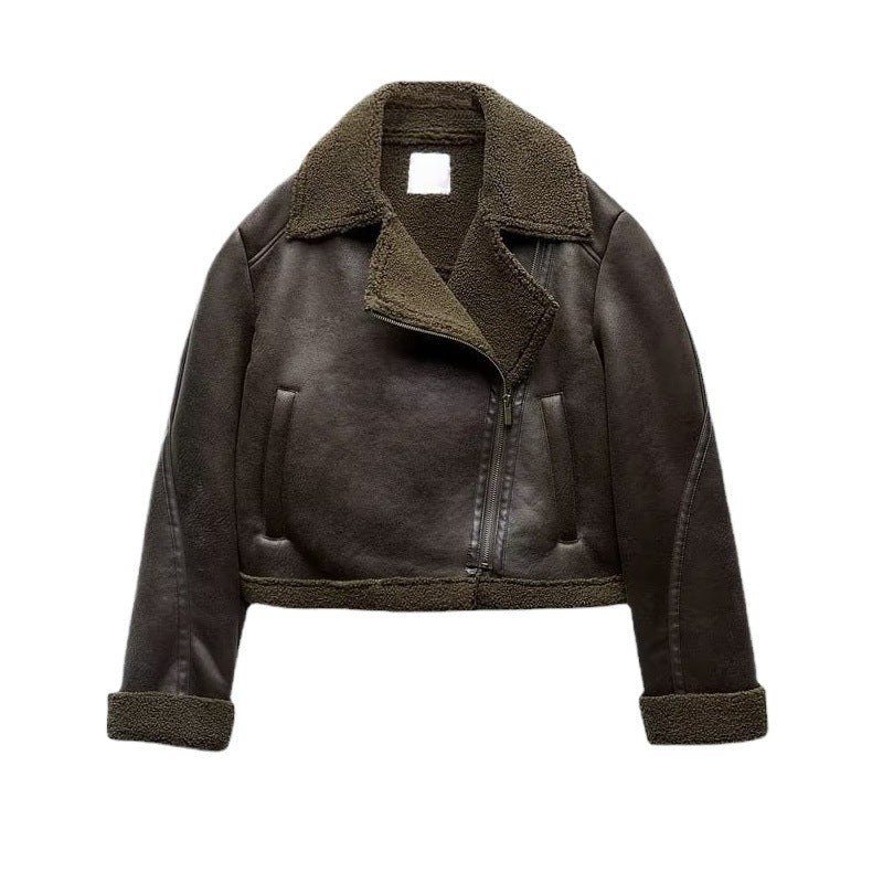 Lapel Patchwork Fleece Motorcycle Short Jacket Coat