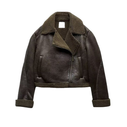 Lapel Patchwork Fleece Motorcycle Short Jacket Coat