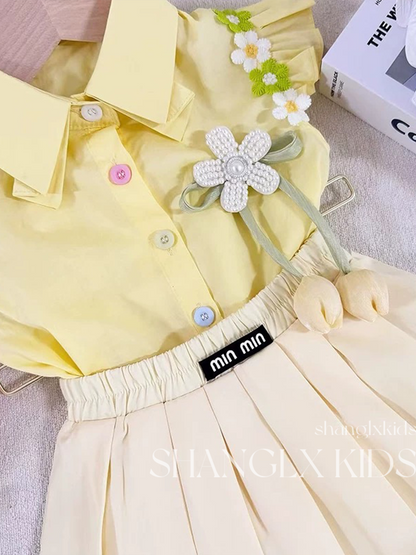 Girls Preppy Floral Pleated Outfit