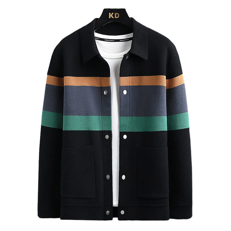 Mens Lapel Color Block Knitted Cardigan