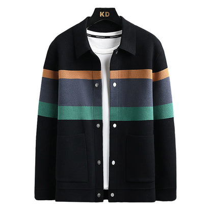 Mens Lapel Color Block Knitted Cardigan