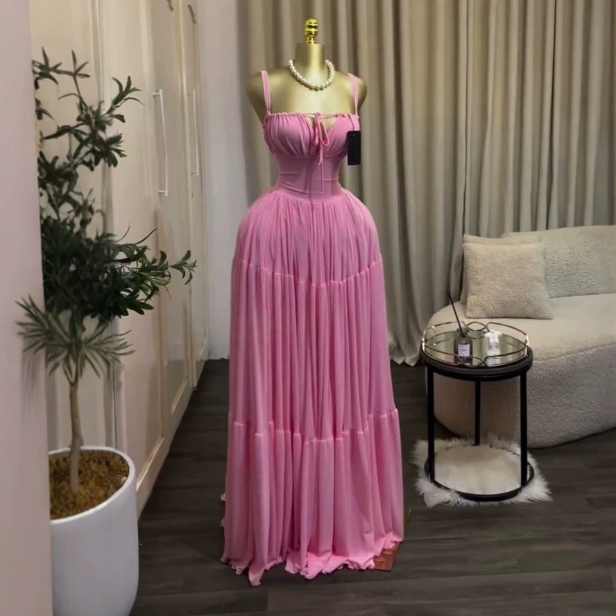 Elegant Pleated High-Waisted Long Dress with Straps