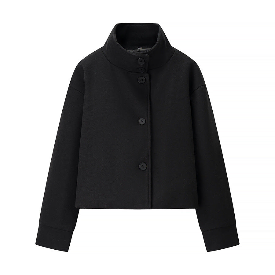 Short Stand-Collar Single-Breasted Elegant Woolen Coat