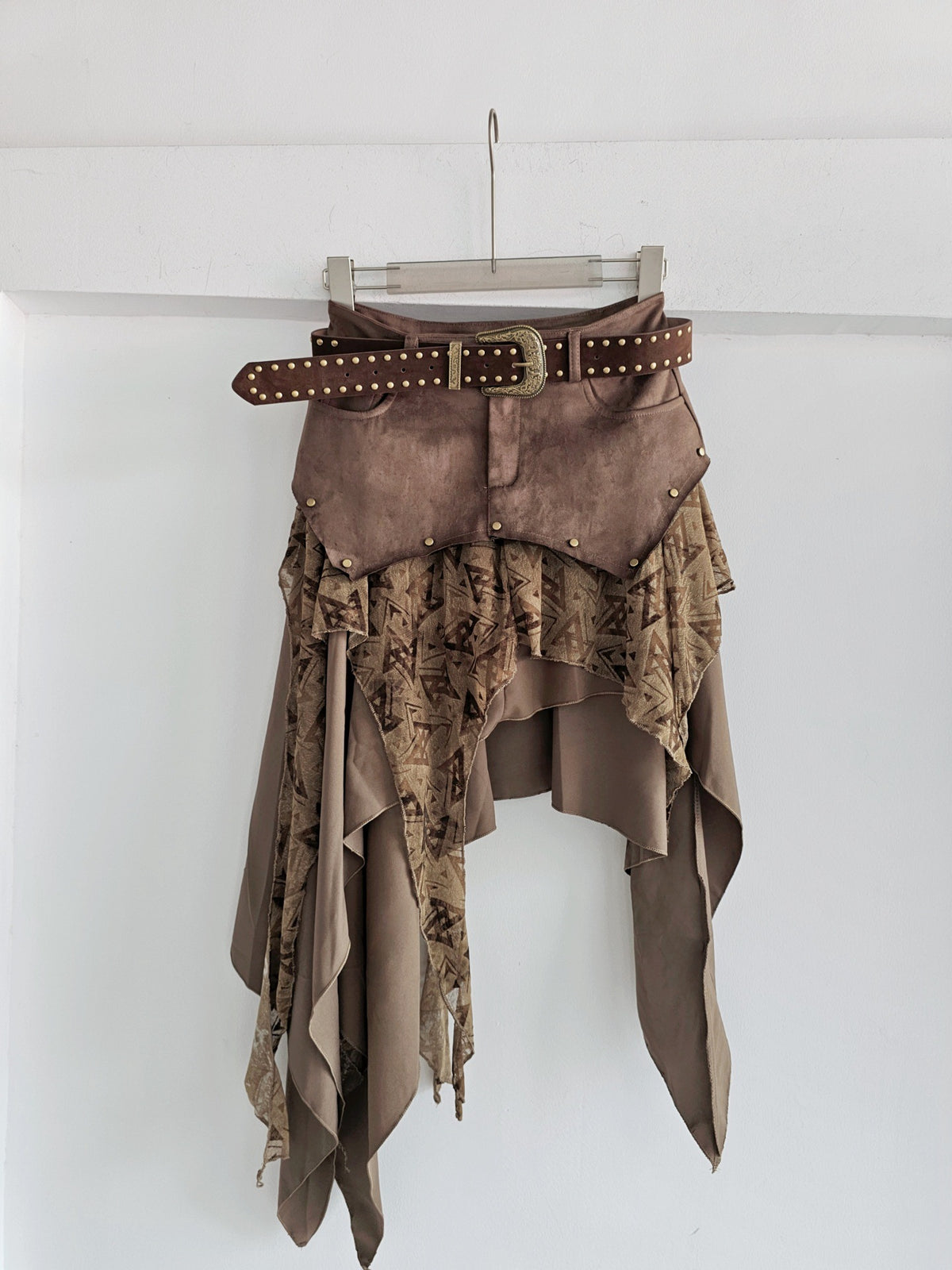 Patchwork Faux Suede Chiffon Midi Skirt