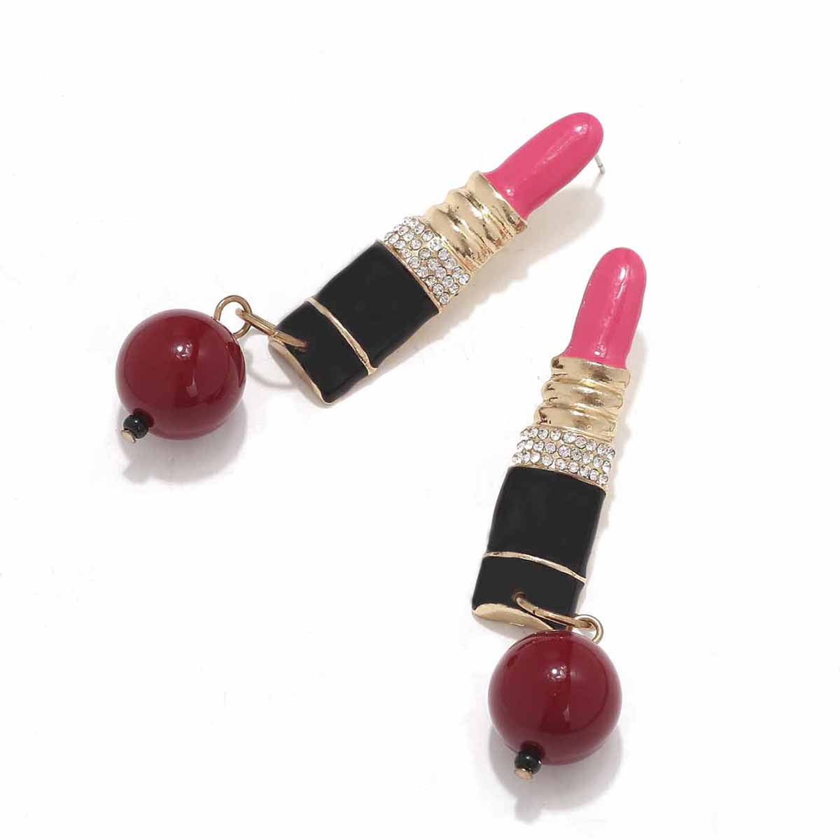 Rhinestone Lipstick-Style Earrings with Beaded Pendant
