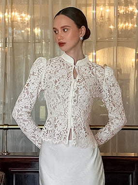 Retro Style Slim Fit Small Stand Collar Puff Sleeve Lace Knit Jacquard Top Women's High-End Shirt