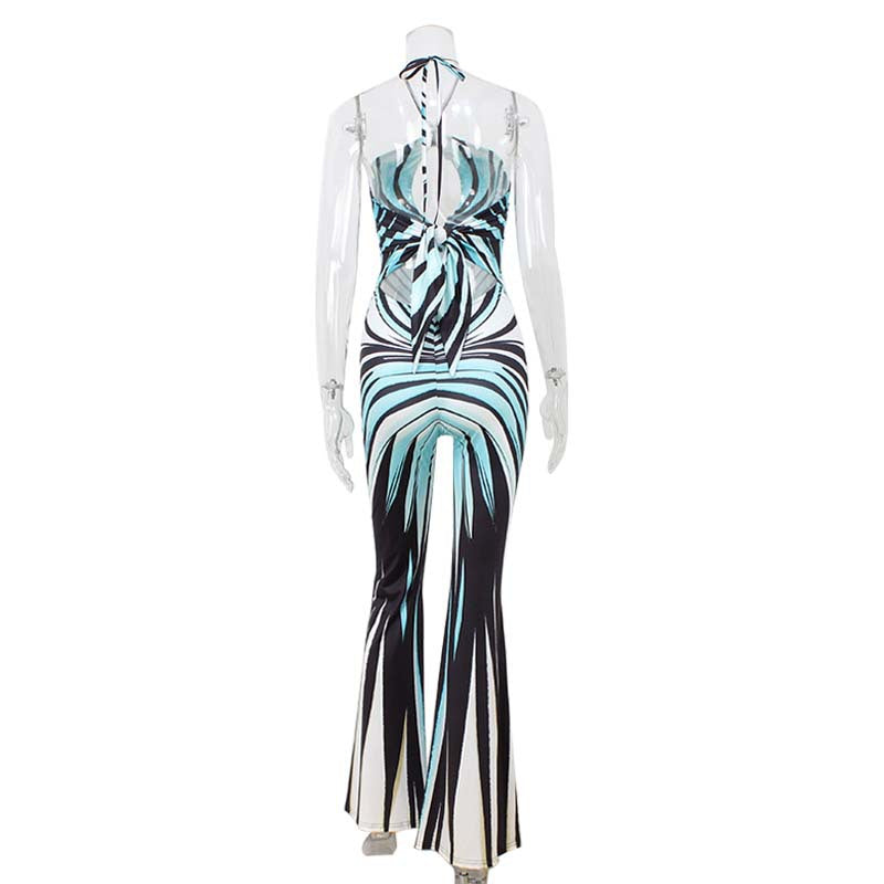 Trendy Contrast Striped Hollow Halter Jumpsuit