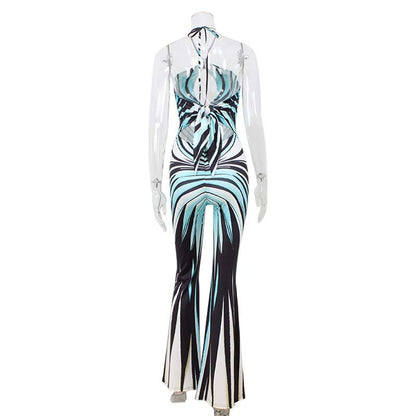 Trendy Contrast Striped Hollow Halter Jumpsuit