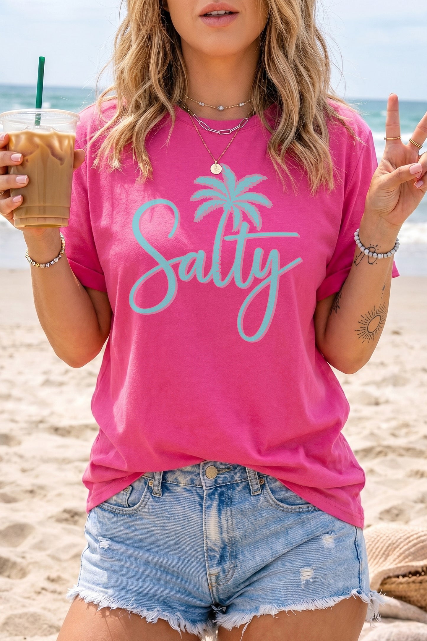 Roze rood T-shirt met print van een zoutige palmboom