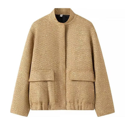 Women's Beaded Round Neck Long Sleeve Loose Polyester Jacket