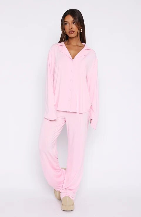 Women Modal Lapel Collar Long Sleeve Sleepwear Set