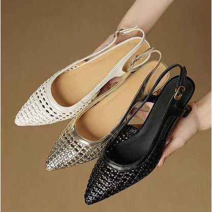 Super Leather French-style pointed-toe hollow-woven platform high heels