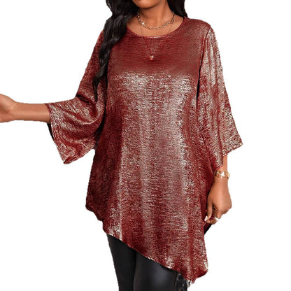 Women Oversized Solid Color Round Neck Asymmetric Top Shirt