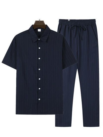 Men's Striped Short-Sleeve Shirt and Drawstring Pants Set