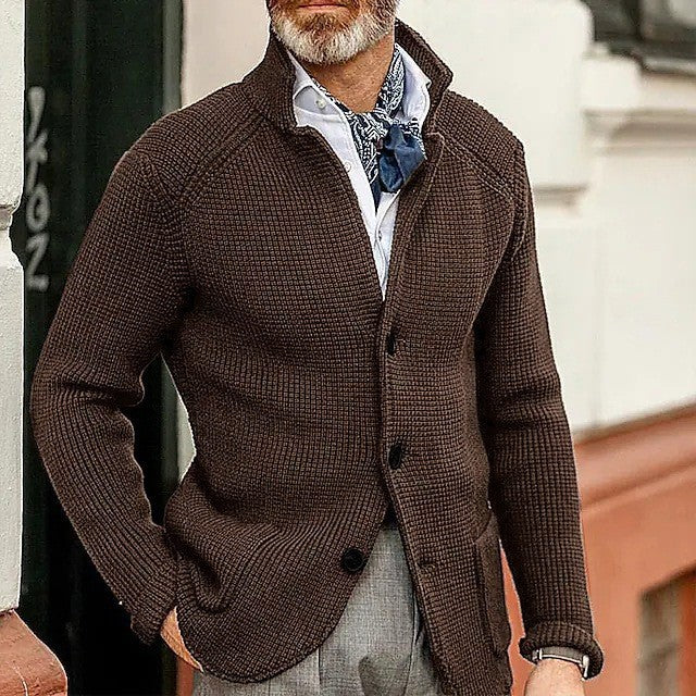 Mens Thick Knit Cardigan Sweater with Buttoned Lapel
