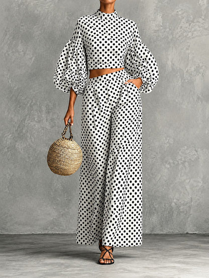 Women's polka dot bubble sleeve top wide leg pants 2 piece set