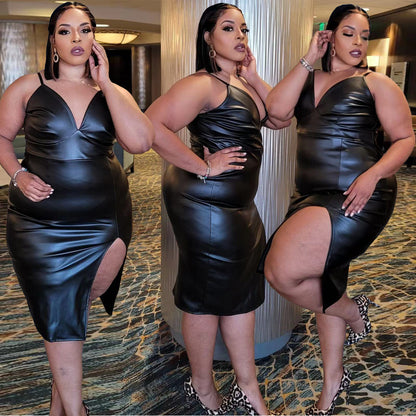 Plus Size PU leren split heup cami jurk
