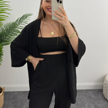 Lange mouwen effen kleur geplooide elastische taille broek tweedelig set