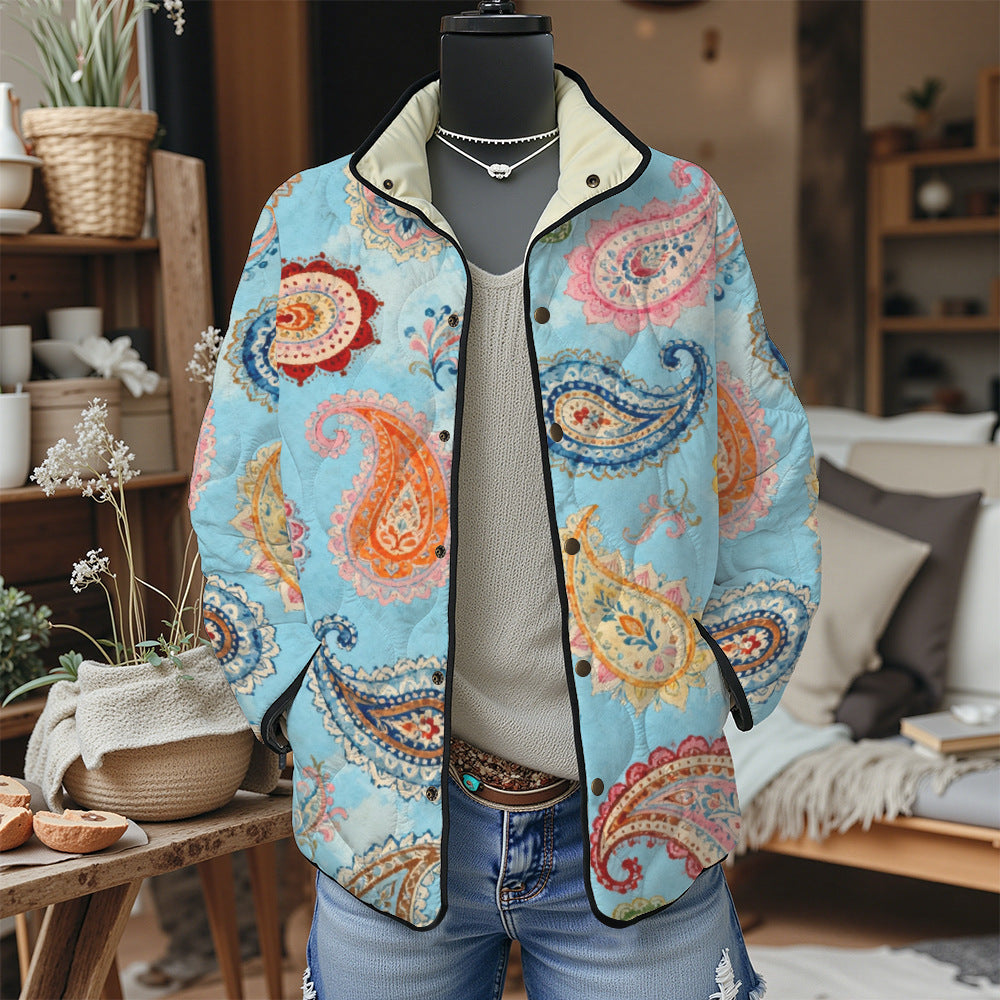 Women's Pleated Floral Digital Print Cotton Jacket Long Sleeve Stand Collar Outerwear