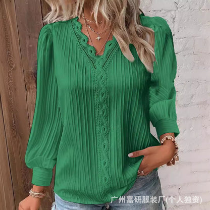 2025 Cross-Border Hot Selling Amazon Autum Long-Sleeved V Neck Lace Splicing Shirt Women's Shirt Women's Clothing Ready Supply