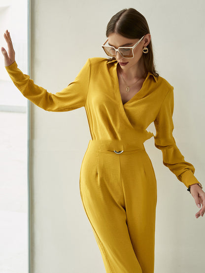 Lange mouwen riem V-hals losse jumpsuit