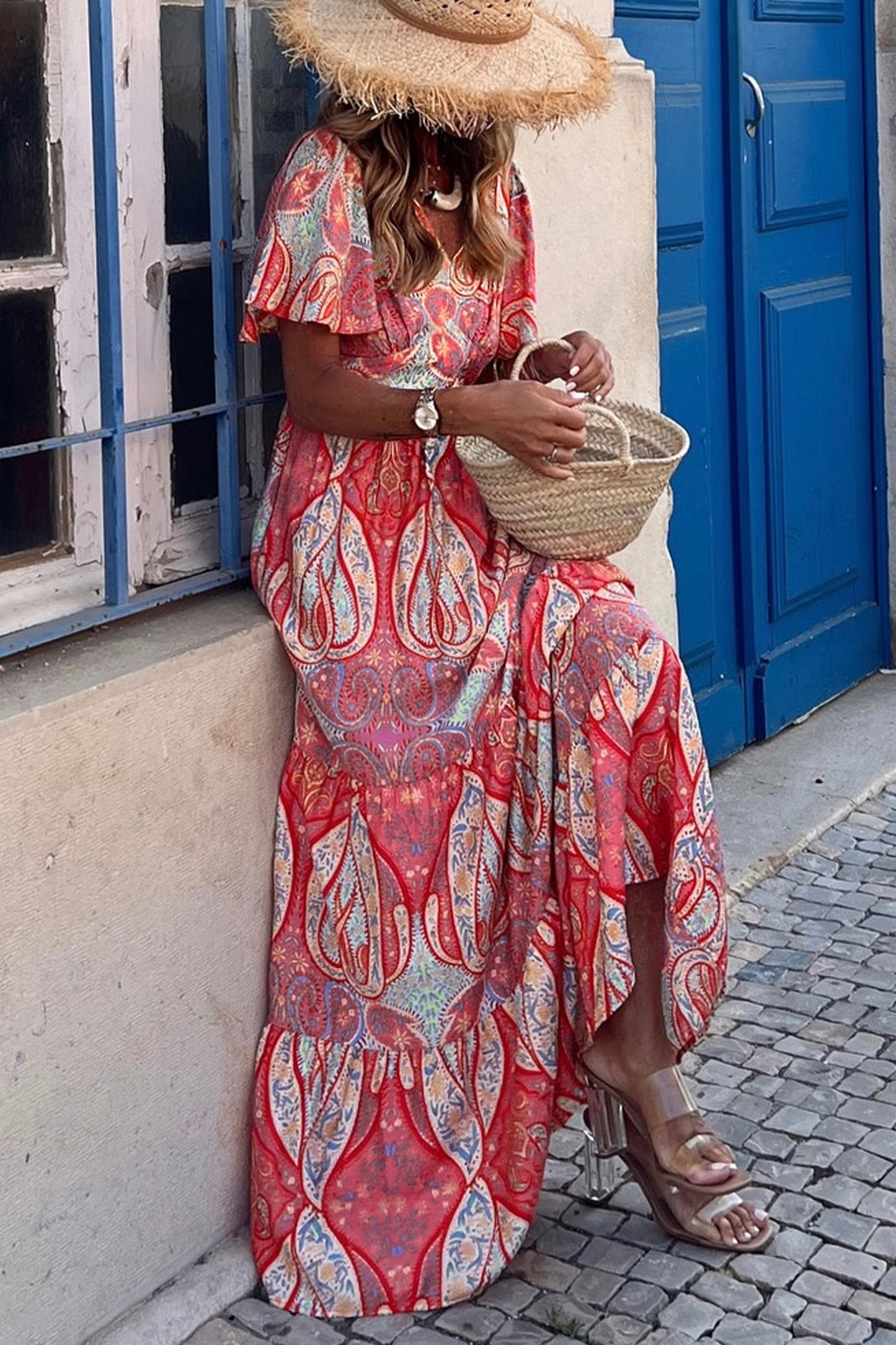 Maxi-jurk met V-hals korte mouwen en V-hals in veelkleurige paisleyprint