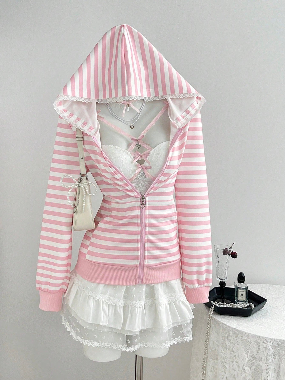 Pure Desire Powder White Striped Hooded Sweatshirt
