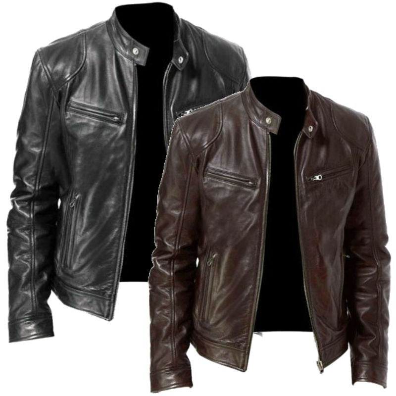 Mens Stand Collar Leather Jacket