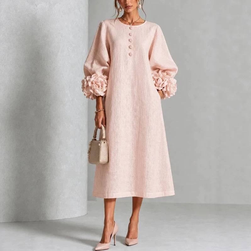 Elegant Floral Sleeve Cotton Linen Dress