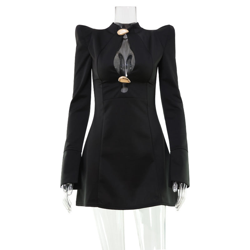 Hollow Cut Out Long Sleeve Dress with Metal Decorations