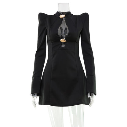 Hollow Cut Out Long Sleeve Dress with Metal Decorations