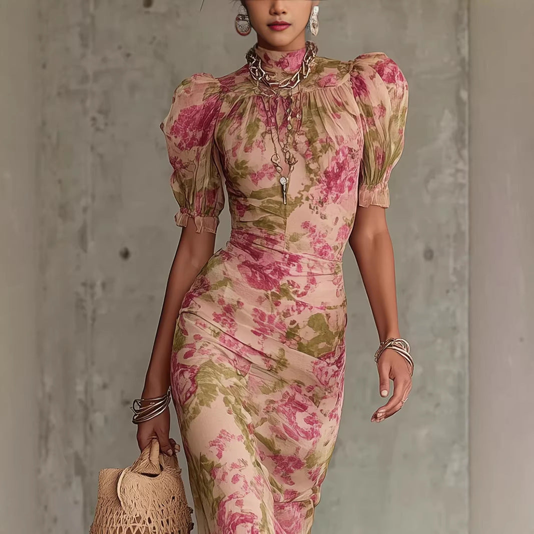 French Floral Puff Sleeve Slim Fit Long Dress