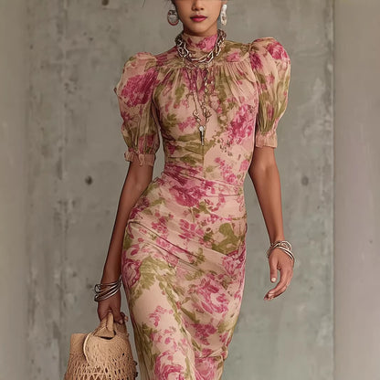 French Floral Puff Sleeve Slim Fit Long Dress