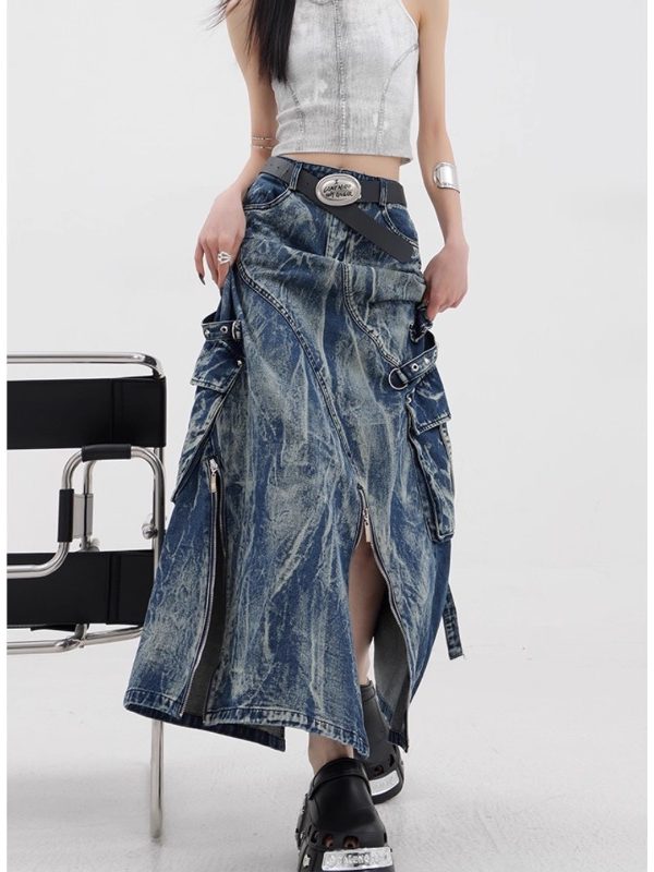 Vintage Washed Tie-Dye Denim Skirt with Zipper Detail