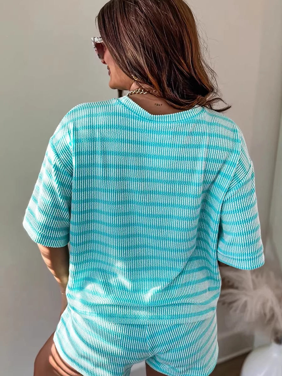 Women's Stripe Print Short Sleeve Shorts Set